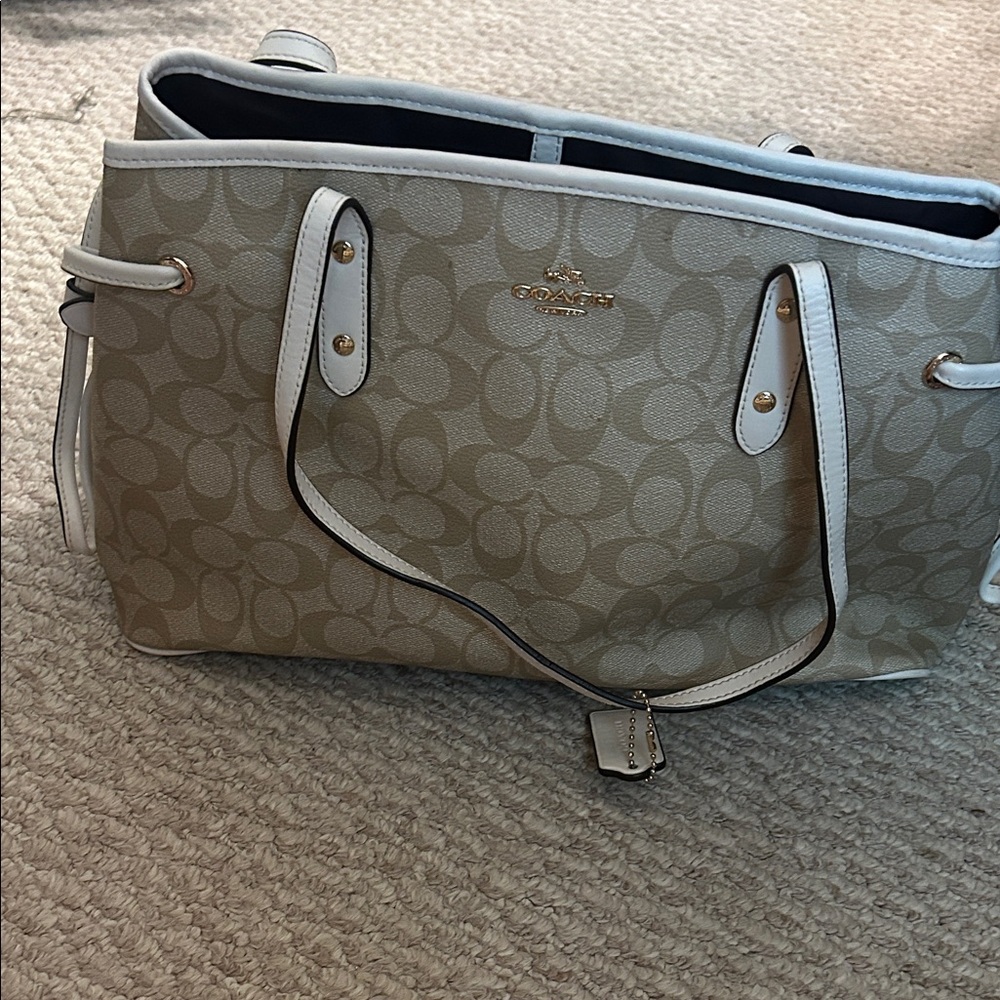 Coach Beige Signature Tote with White Trim